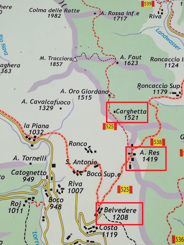Trasa 525 z Bevedere di Fobello (1208 m n.p.m.) do Carghetta 1521 m n.p.m.