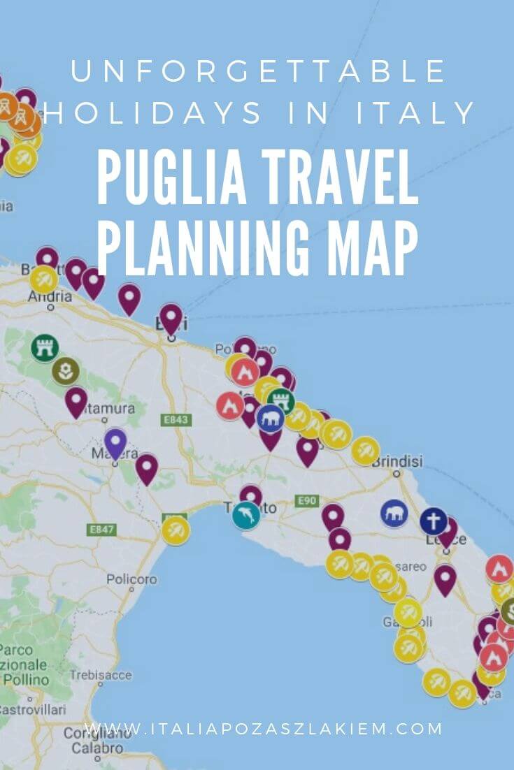 Mapa Apulii (Puglia) - najpiękniejsze miasteczka, plaże, groty, zamki, sanktuaria, trabucchi, atrakcja dla rodzin z dziećmi